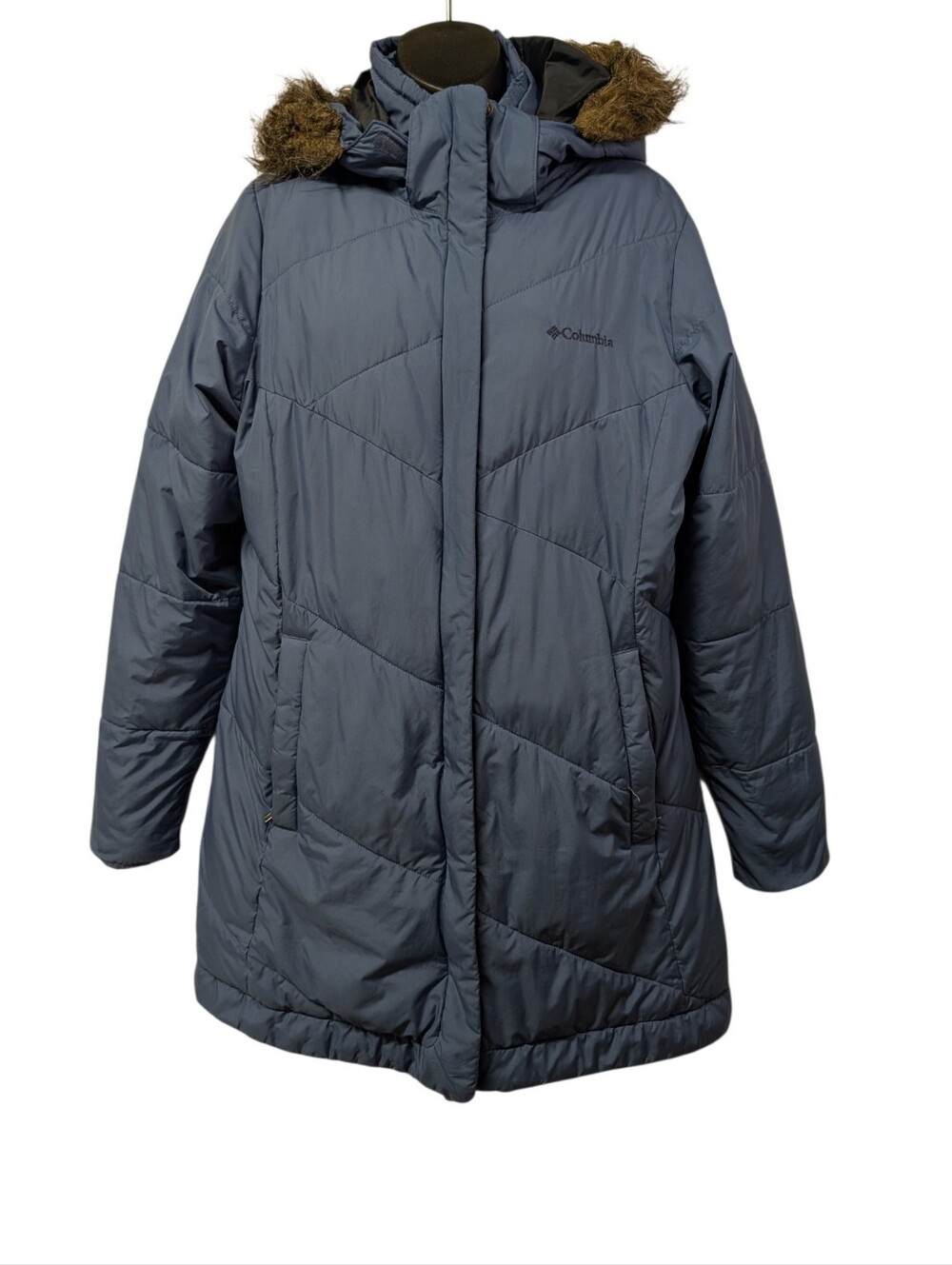 Columbia Women's Blue Insulated Hooded Parka Coat Faux Fur Trim Zip Up Size L